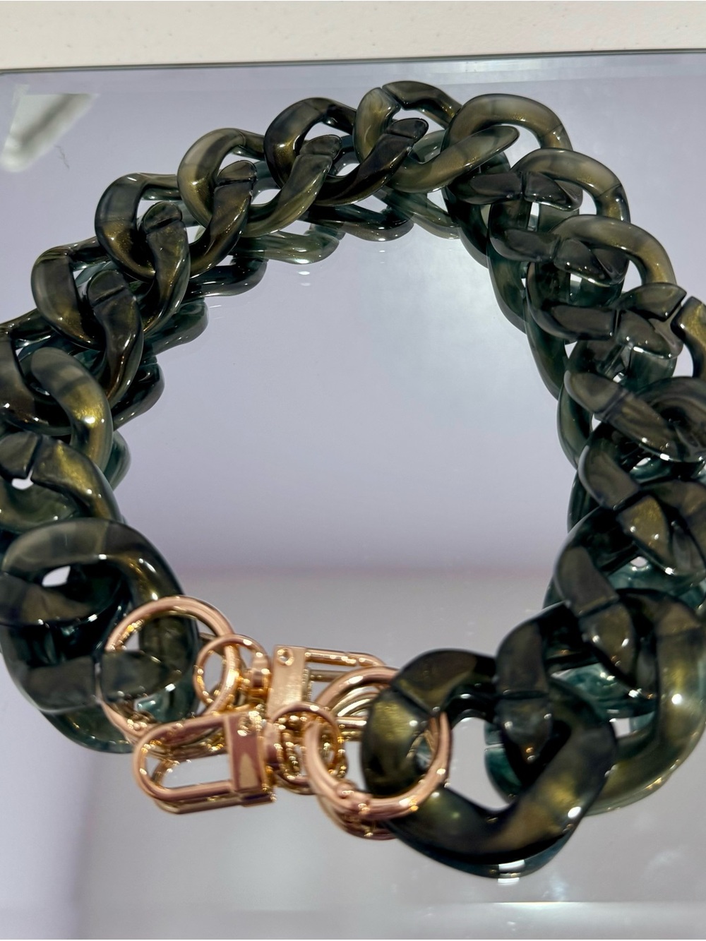 New Acrylic Glossy Camo Green Bag Chain 18 inches   withGold Hardware